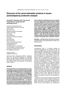 Discovery of the Serum Biomarker Proteins in Severe Preeclampsia by Proteomic Analysis