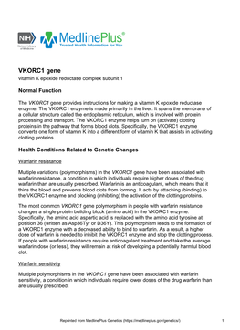 VKORC1 Gene Vitamin K Epoxide Reductase Complex Subunit 1