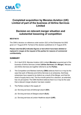 Completed Acquisition by Menzies Aviation (UK) Limited of Part of the Business of Airline Services Limited