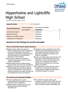 Hipperholme and Lightcliffe High School Stoney Lane, Lightcliffe, Halifax, HX3 8TL