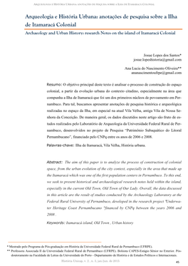 Arqueologia E História Urbana: Anotações De Pesquisa Sobre a Ilha De Itamaracá Colonial