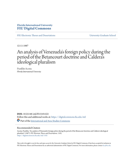 An Analysis of Venezuela's Foreign Policy During the Period of the Betancourt Doctrine and Caldera's Ideological Plurali