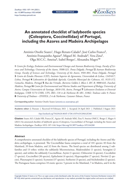 An Annotated Checklist of Ladybeetle Species (Coleoptera, Coccinellidae) of Portugal, Including the Azores and Madeira Archipelagos