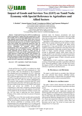 Impact of Goods and Services Tax (GST) on Tamil Nadu Economy with Special Reference to Agriculture and Allied Sectors