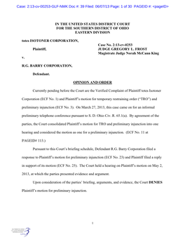 IN the UNITED STATES DISTRICT COURT for the SOUTHERN DISTRICT of OHIO EASTERN DIVISION Totes ISOTONER CORPORATION, Case No. 2:13