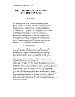 Providentia for the Widows of 1 Timothy 5:3-16