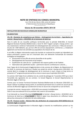 NOTE DE SYNTHESE DU CONSEIL MUNICIPAL (Loi N°92-125 Du 6 Février 1992, Article 30 Relative À L'administration Territoriale De La République)