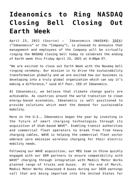 Ideanomics to Ring NASDAQ Closing Bell Closing out Earth Week