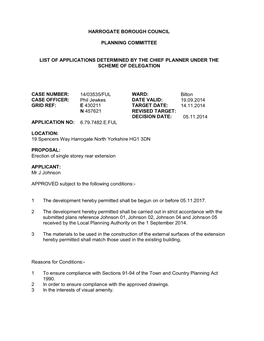 Harrogate Borough Council Planning Committee List of Applications Determined by the Chief Planner Under the Scheme of Delegation