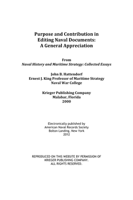 Purpose and Contribution in Editing Naval Documents: a General Appreciation