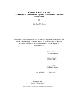 Methods to Market Mario: an Analysis of American and Japanese Preference for Control in Video Games