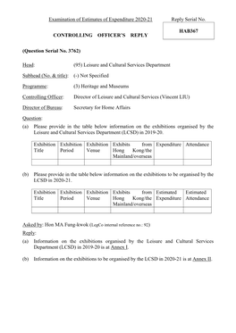 Examination of Estimates of Expenditure 2020-21 Reply Serial No