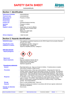 Section 2. Hazards Identification OSHA/HCS Status : This Material Is Considered Hazardous by the OSHA Hazard Communication Standard (29 CFR 1910.1200)