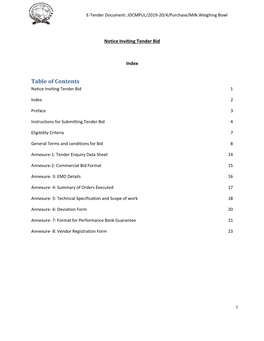 Table of Contents Notice Inviting Tender Bid 1