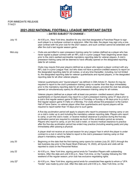 2021-2022 National Football League Important Dates – Dates Subject to Change –