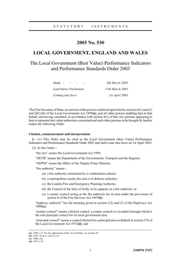 Performance Indicators and Performance Standards Order 2003