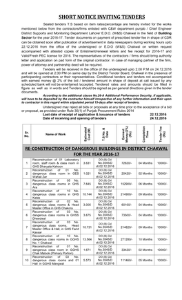 Short Notice Inviting Tenders