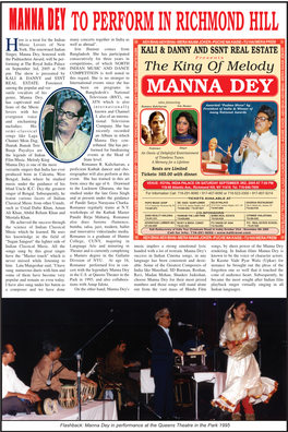 MANNA DEY Many Concerts Together in India As Ere Is a Treat for the Indian to PERFORM in RICHMOND HILL Music Lovers of New Well As Abroad