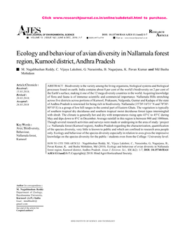 Ecology and Behaviour of Avian Diversity in Nallamala Forest Region, Kurnool District, Andhra Pradesh M