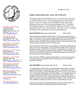 October 27, 2013 IHSBCA PRESS RELEASE: HALL of FAME 2014
