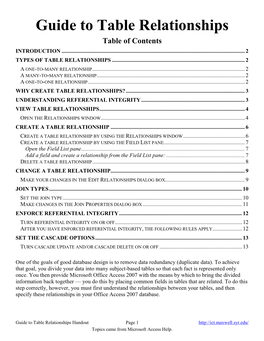 Guide to Table Relationships Table of Contents INTRODUCTION