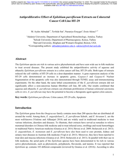 Antiproliferative Effect of Epilobium Parviflorum Extracts on Colorectal Cancer Cell Line HT-29