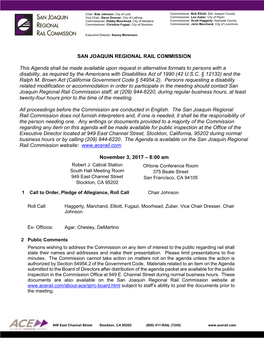 SAN JOAQUIN REGIONAL RAIL COMMISSION This Agenda Shall Be Made Available Upon Request in Alternative Formats to Persons with A