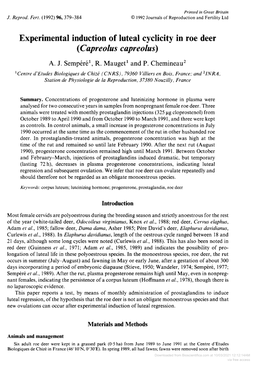 Experimental Induction of Luteal Cyclicity in Roe Deer (Capreolus Capreolus) A