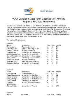 NCAA Division I State Farm Coaches' All-America Regional Finalists Announced