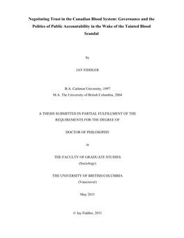 Negotiating Trust in the Canadian Blood System: Governance and the Politics of Public Accountability in the Wake of the Tainted Blood Scandal