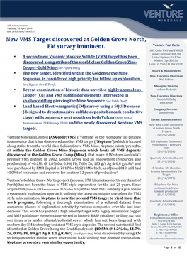 New VMS Target Discovered at Golden Grove North, EM Survey Imminent