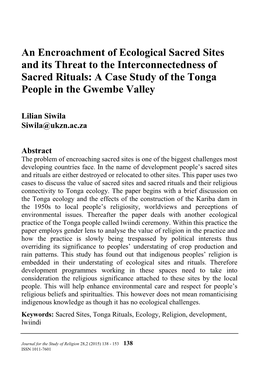 An Encroachment of Ecological Sacred Sites and Its Threat to the Interconnectedness of Sacred Rituals: a Case Study of the Tonga People in the Gwembe Valley