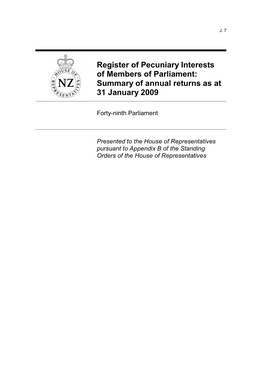 Register of Pecuniary Interests of Members of Parliament: Summary of Annual Returns As at 31 January 2009