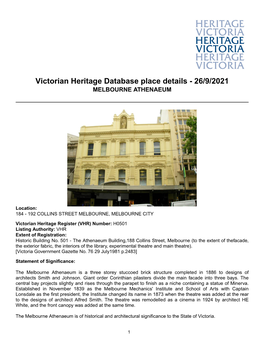 Victorian Heritage Database Place Details - 26/9/2021 MELBOURNE ATHENAEUM