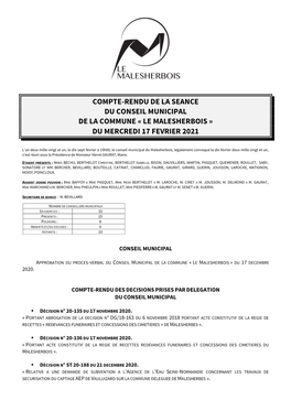 Compte-Rendu De La Seance Du Conseil Municipal De La Commune « Le Malesherbois » Du Mercredi 17 Fevrier 2021