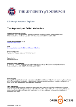 The Asymmetry of British Modernism: Hugh Macdiarmid and Wyndham Lewis', Modernist Cultures, Vol