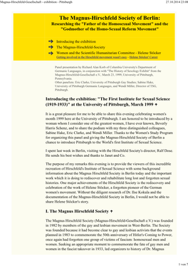 The Magnus-Hirschfeld Society of Berlin: Researching the "Father of the Homosexual Movement" and the "Godmother of the Homo-Sexual Reform Movement"