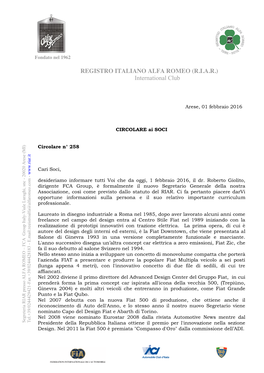 R REGISTRO ITALIANO ALFA ROMEO (R.I.A.R.) International Club Il Presidente