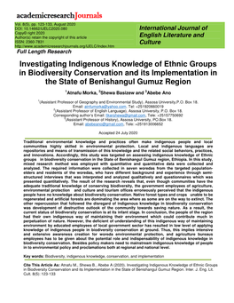 Investigating Indigenous Knowledge of Ethnic Groups in Biodiversity Conservation and Its Implementation in the State of Benishangul Gumuz Region