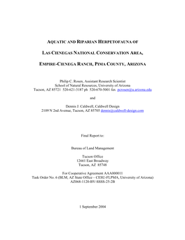 Aquatic and Riparian Herpetofauna of Las Cienegas National Conservation Area, Empire-Cienega Ranch, Pima County, Arizona