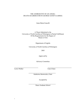 THE ANDROGYNY of an ANGEL: DEATH AS LIBERATOR in GEORGE SAND's GABRIEL Anna Maria Cancelli a Thesis Submitted to the Universit