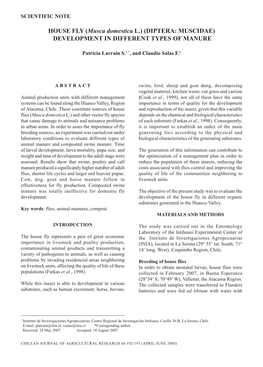 HOUSE FLY (Musca Domestica L.) (DIPTERA: MUSCIDAE) DEVELOPMENT in DIFFERENT TYPES of MANURE