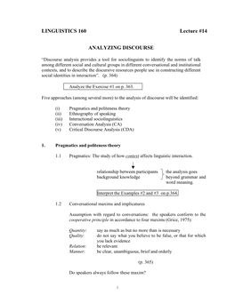 LINGUISTICS 160 Lecture #14 ANALYZING DISCOURSE