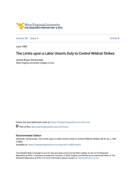 The Limits Upon a Labor Union's Duty to Control Wildcat Strikes