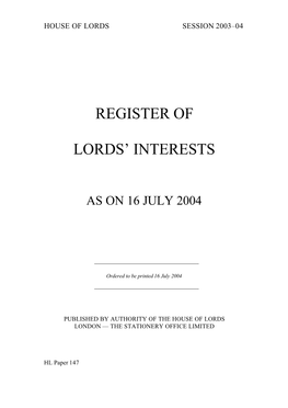 Register of Lords' Interests Session 2003-04