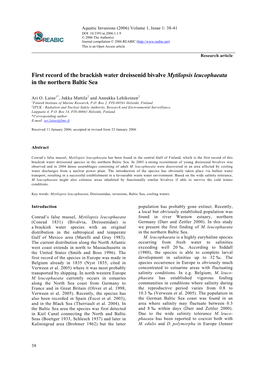 First Record of the Brackish Water Dreissenid Bivalve Mytilopsis Leucophaeata in the Northern Baltic Sea