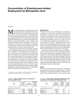 Concentration of Entertainment Employment by Metropolitan Areas