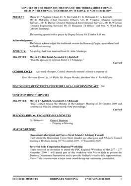 COUNCIL MINUTES ORDINARY MEETING 17 NOVEMBER 2009 1 MAYOR's REPORT (Cont’D)