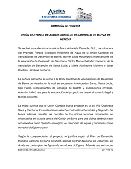 COMISIÓN DE HEREDIA UNIÓN CANTONAL DE ASOCIACIONES DE DESARROLLO DE BARVA DE HEREDIA Se Recibió En Audiencia a La Señora