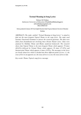 Textual Meaning in Song Lyrics Edwan Ali Firdaus Indonesia University of Education (Pendidikanbahasainggris) Edwanfirdaus@Gmail.Com 082129865165
